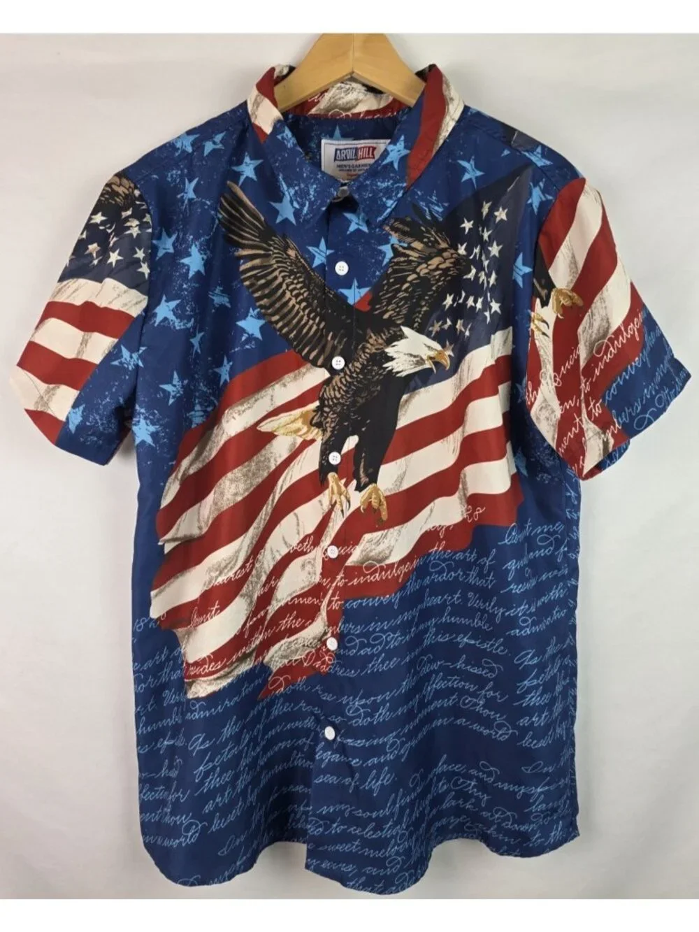 Arvil Hill Mens Shirt Size Large Blue Patriotic USA America Flag Button Down Top